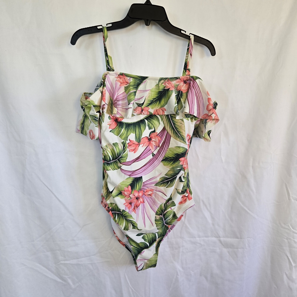 Kona Sol Women Tropical Off Shoulder Flounce High Coverage One Piece Swimsuit M